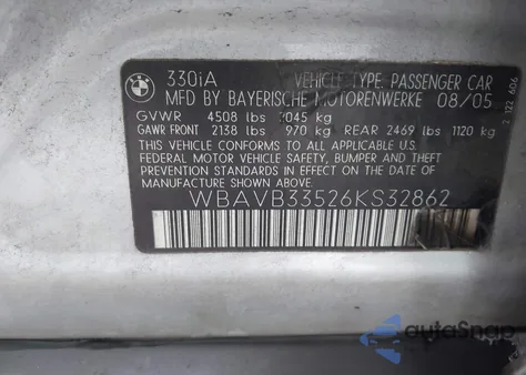 2006 BMW 330I из США, поврежденный, VIN WBAVB33526KS32862